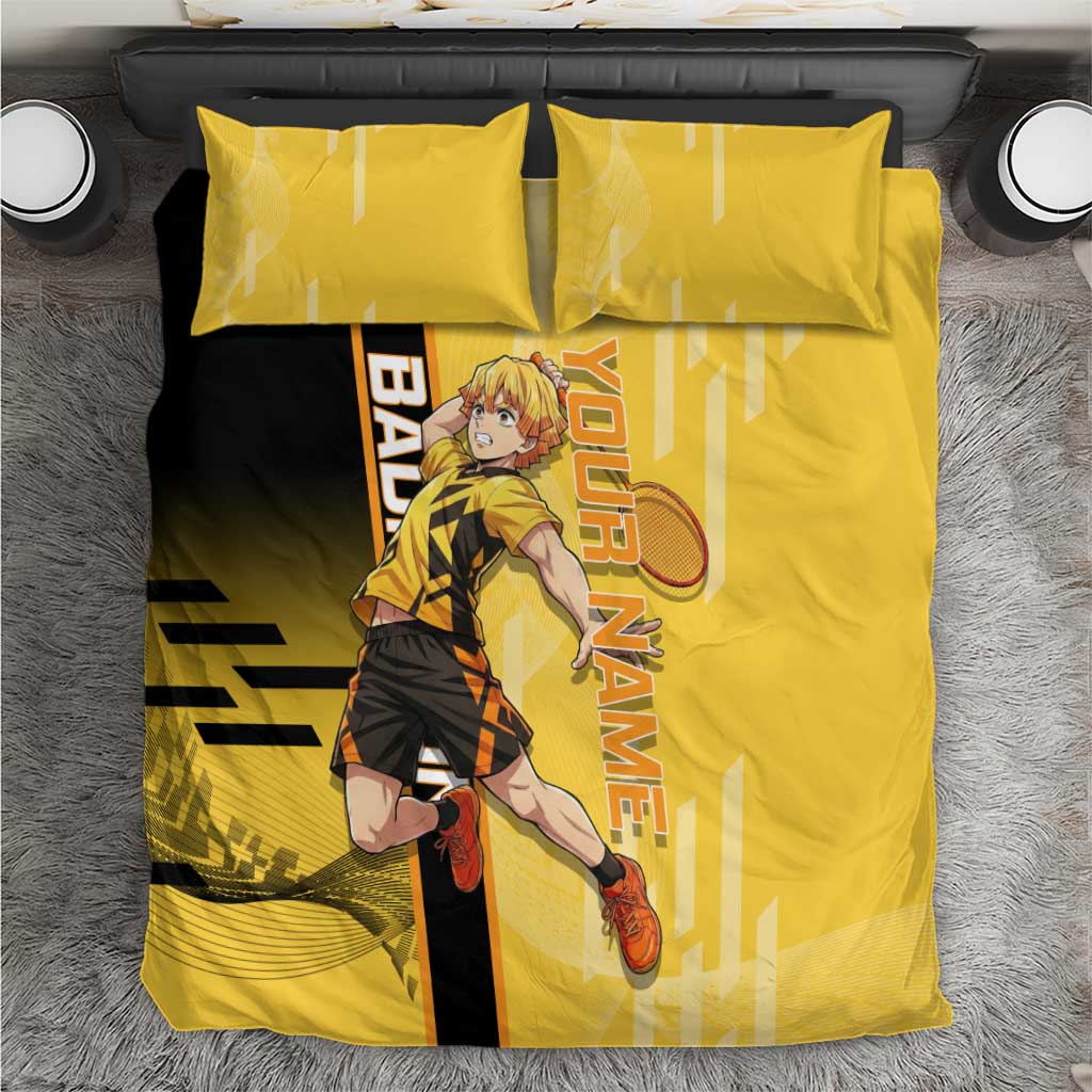 Personalized Zenitsu Agatsuki Demon Slayer Badminton Theme Bedding Set with Racket Action Pose and Yellow Black Graphic Design - The Mazicc