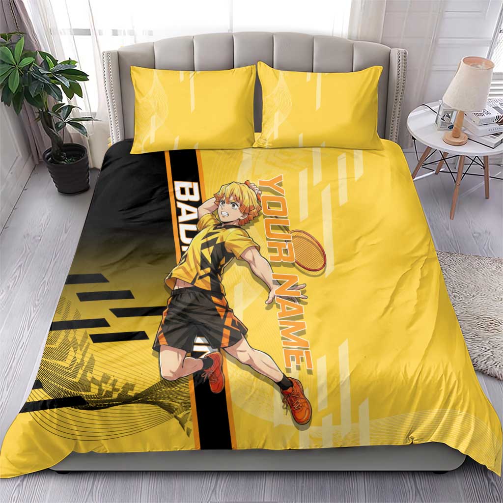 Personalized Zenitsu Agatsuki Demon Slayer Badminton Theme Bedding Set with Racket Action Pose and Yellow Black Graphic Design - The Mazicc