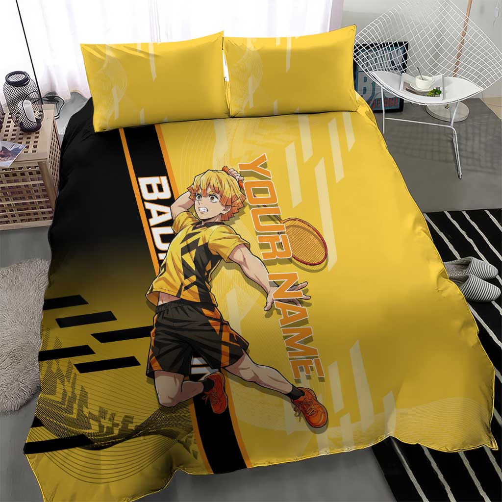 Personalized Zenitsu Agatsuki Demon Slayer Badminton Theme Bedding Set with Racket Action Pose and Yellow Black Graphic Design - The Mazicc