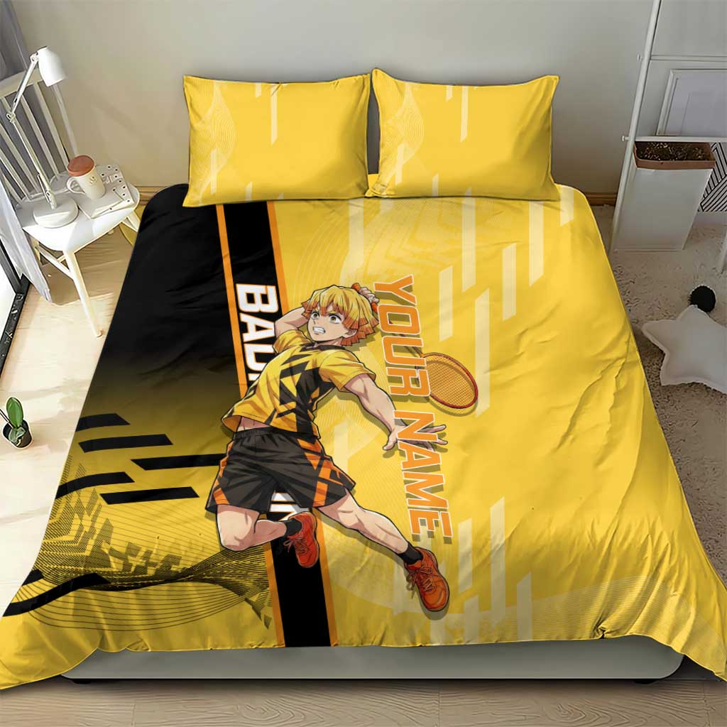 Personalized Zenitsu Agatsuki Demon Slayer Badminton Theme Bedding Set with Racket Action Pose and Yellow Black Graphic Design - The Mazicc