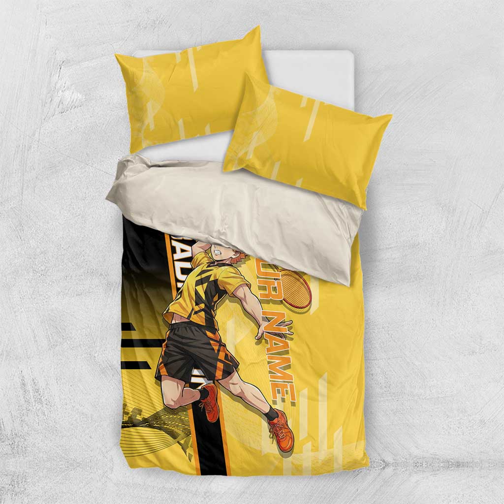 Personalized Zenitsu Agatsuki Demon Slayer Badminton Theme Bedding Set with Racket Action Pose and Yellow Black Graphic Design - The Mazicc