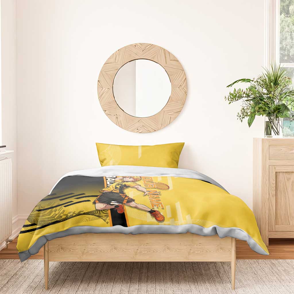 Personalized Zenitsu Agatsuki Demon Slayer Badminton Theme Bedding Set with Racket Action Pose and Yellow Black Graphic Design - The Mazicc