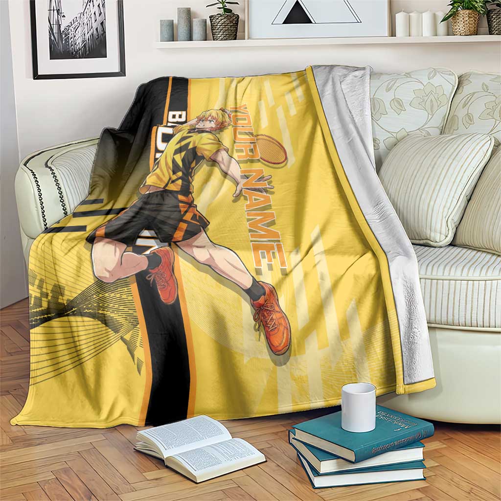 Personalized Zenitsu Agatsuki Demon Slayer Badminton Theme Blanket with Racket Action Pose and Yellow Black Graphic Design - The Mazicc