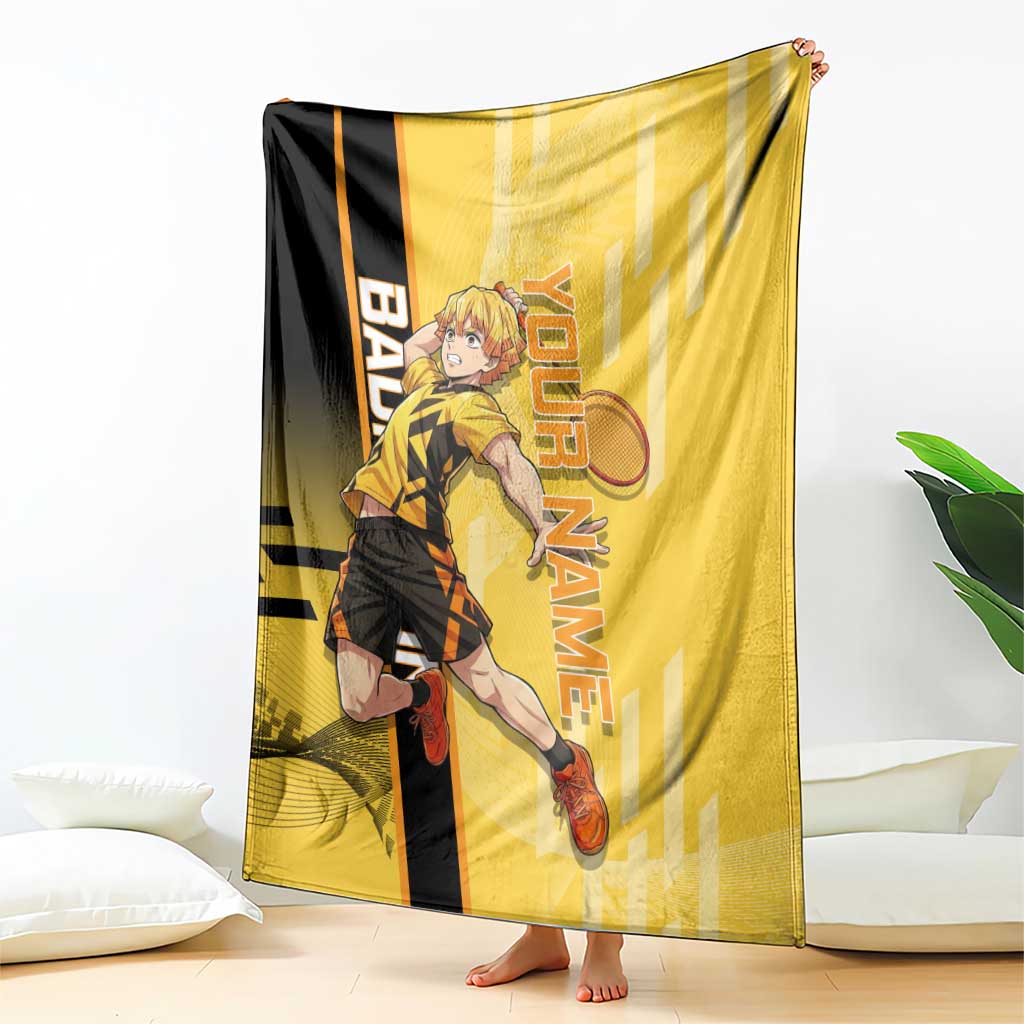 Personalized Zenitsu Agatsuki Demon Slayer Badminton Theme Blanket with Racket Action Pose and Yellow Black Graphic Design - The Mazicc