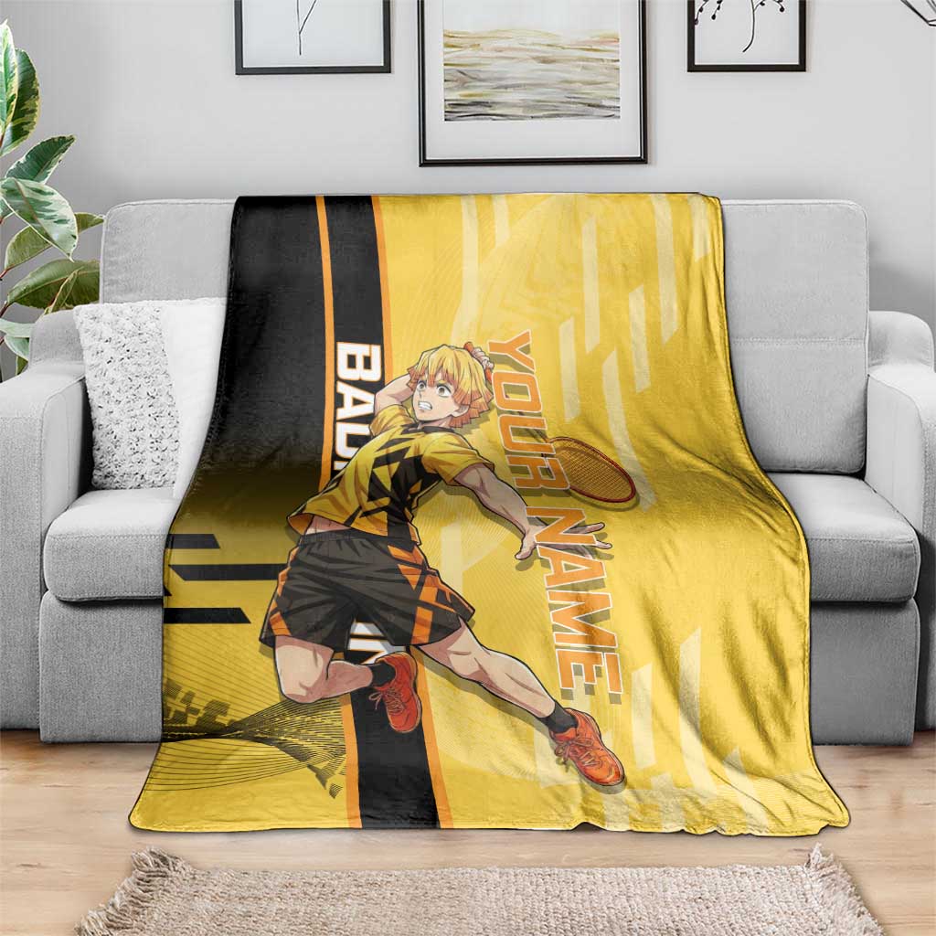 Personalized Zenitsu Agatsuki Demon Slayer Badminton Theme Blanket with Racket Action Pose and Yellow Black Graphic Design - The Mazicc