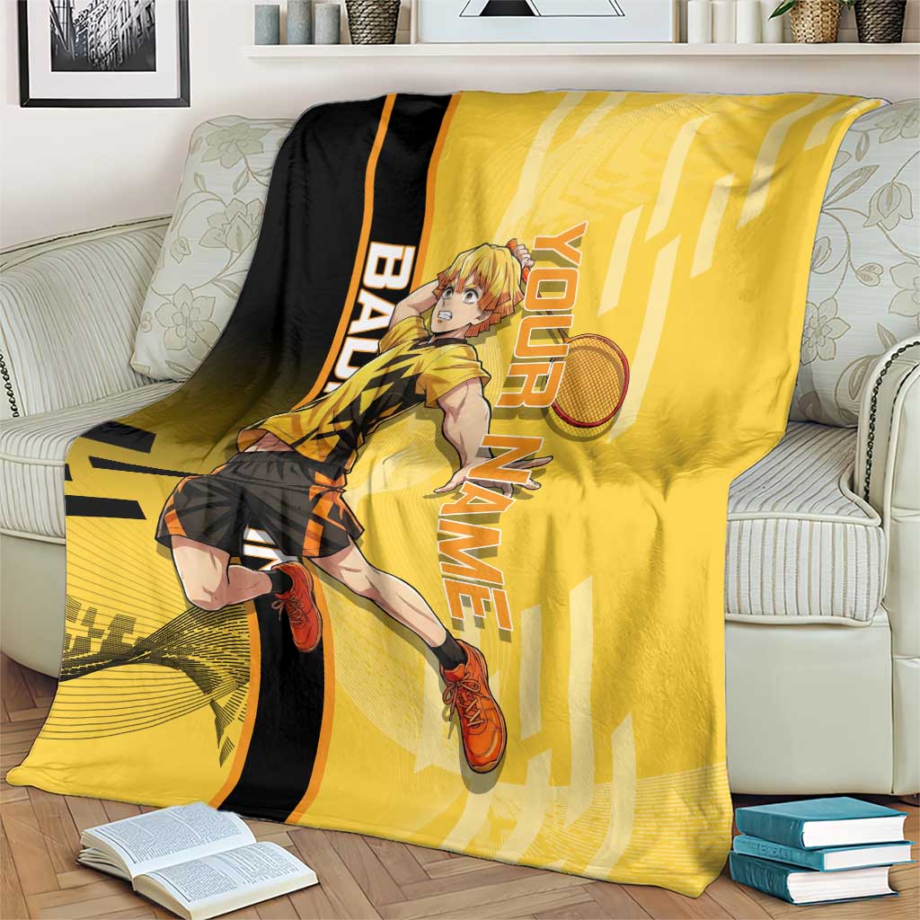 Personalized Zenitsu Agatsuki Demon Slayer Badminton Theme Blanket with Racket Action Pose and Yellow Black Graphic Design - The Mazicc