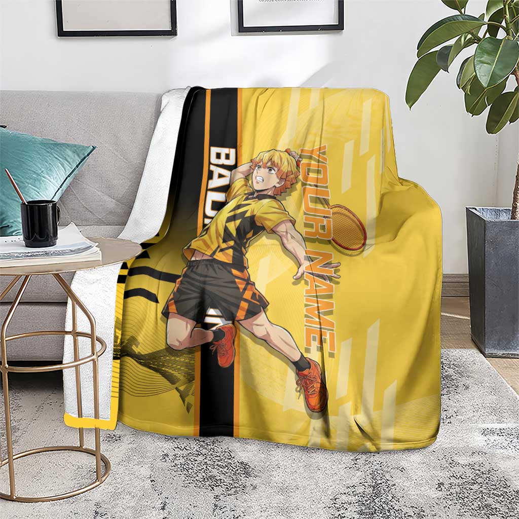 Personalized Zenitsu Agatsuki Demon Slayer Badminton Theme Blanket with Racket Action Pose and Yellow Black Graphic Design - The Mazicc