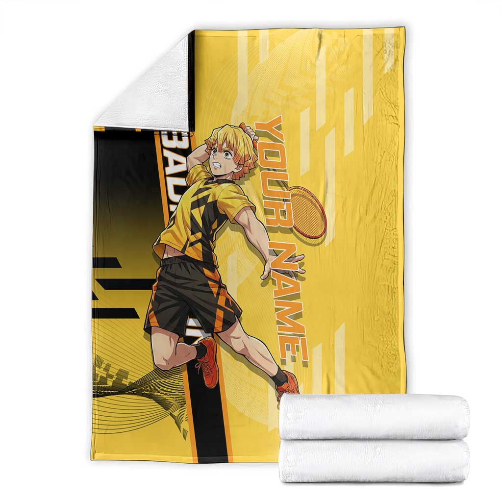 Personalized Zenitsu Agatsuki Demon Slayer Badminton Theme Blanket with Racket Action Pose and Yellow Black Graphic Design - The Mazicc