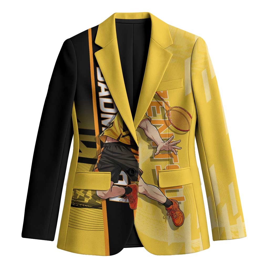 Personalized Zenitsu Agatsuki Demon Slayer Badminton Theme Blazer with Racket Action Pose and Yellow Black Graphic Design - The Mazicc