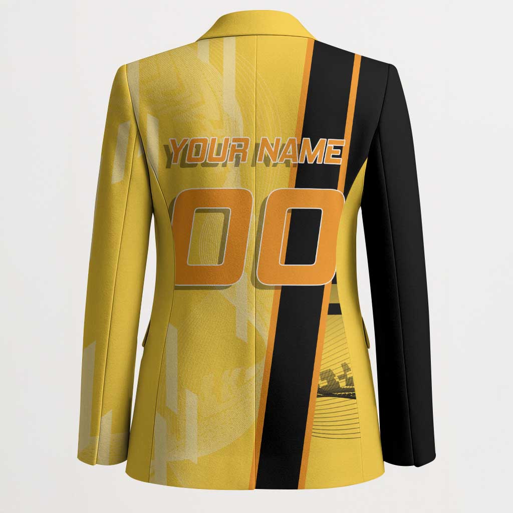 Personalized Zenitsu Agatsuki Demon Slayer Badminton Theme Blazer with Racket Action Pose and Yellow Black Graphic Design - The Mazicc