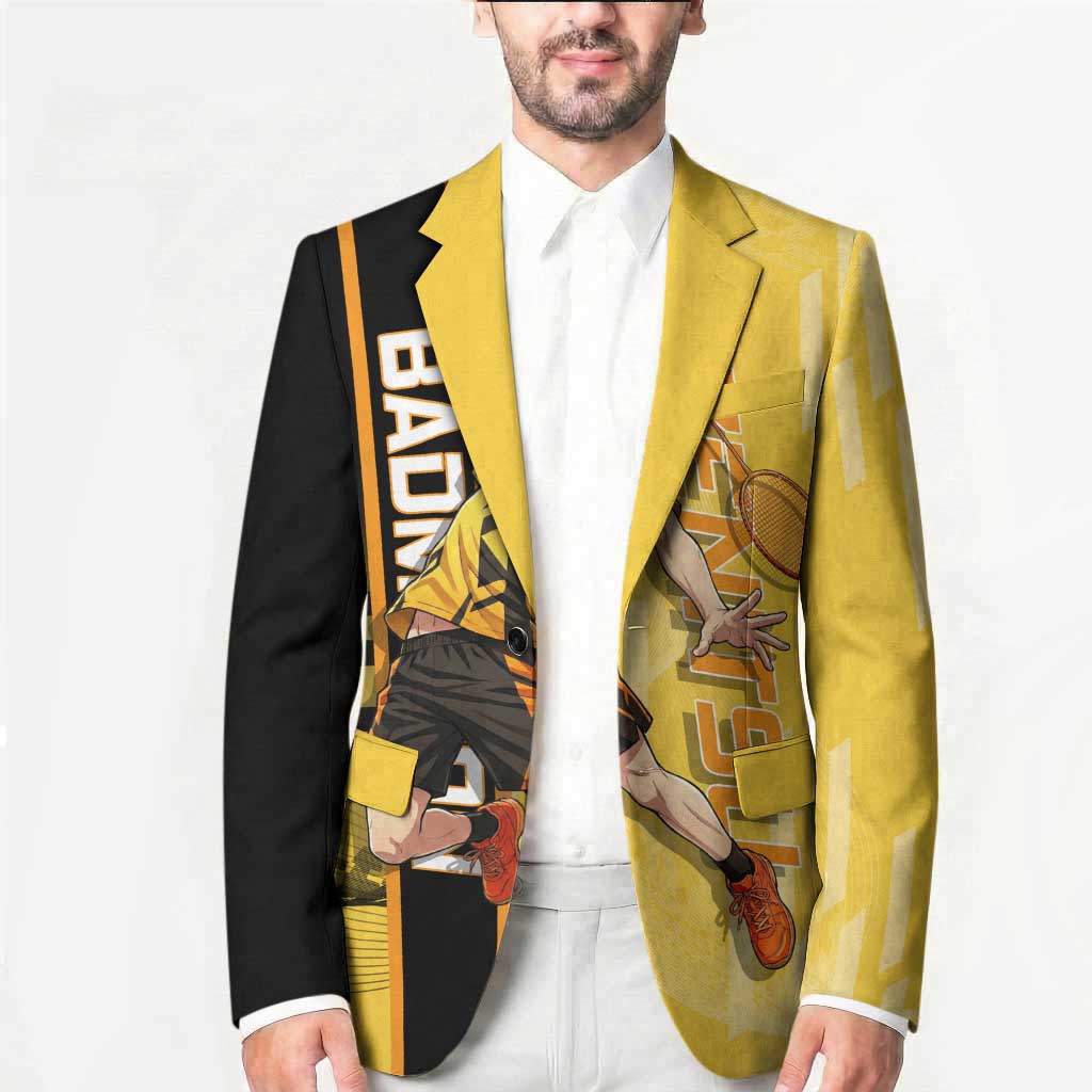 Personalized Zenitsu Agatsuki Demon Slayer Badminton Theme Blazer with Racket Action Pose and Yellow Black Graphic Design - The Mazicc