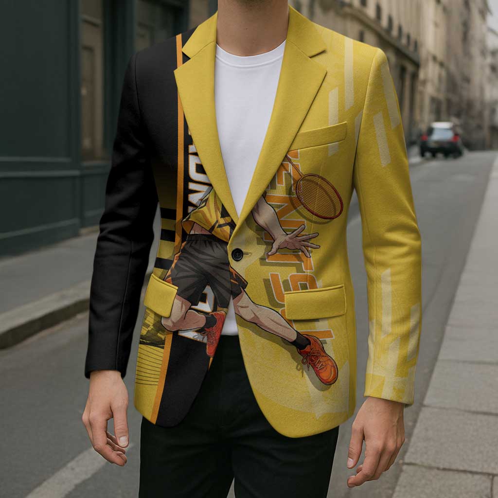 Personalized Zenitsu Agatsuki Demon Slayer Badminton Theme Blazer with Racket Action Pose and Yellow Black Graphic Design - The Mazicc