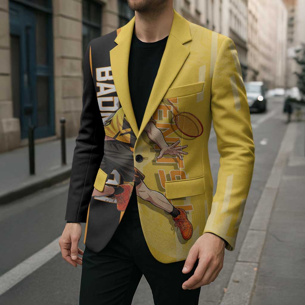 Personalized Zenitsu Agatsuki Demon Slayer Badminton Theme Blazer with Racket Action Pose and Yellow Black Graphic Design - The Mazicc