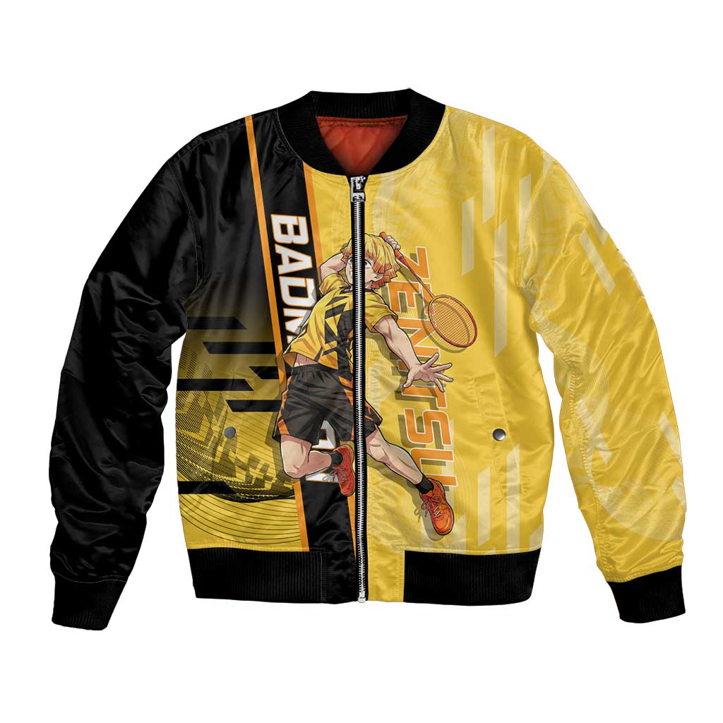 Personalized Zenitsu Agatsuki Demon Slayer Badminton Theme Bomber Jacket with Racket Action Pose and Yellow Black Graphic Design - The Mazicc