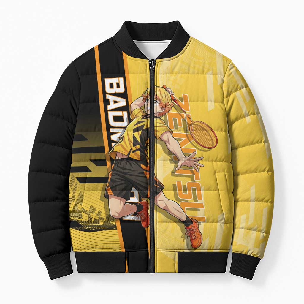 Personalized Zenitsu Agatsuki Demon Slayer Badminton Theme Bomber Puffer Jacket with Racket Action Pose and Yellow Black Graphic Design - The Mazicc