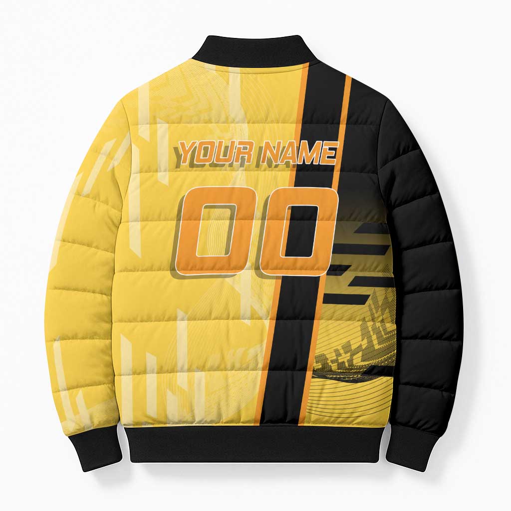 Personalized Zenitsu Agatsuki Demon Slayer Badminton Theme Bomber Puffer Jacket with Racket Action Pose and Yellow Black Graphic Design - The Mazicc