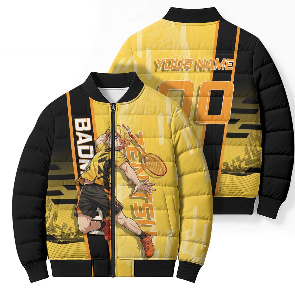 Personalized Zenitsu Agatsuki Demon Slayer Badminton Theme Bomber Puffer Jacket with Racket Action Pose and Yellow Black Graphic Design - The Mazicc