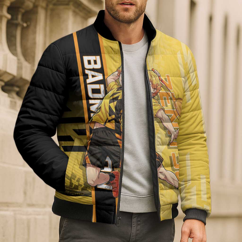 Personalized Zenitsu Agatsuki Demon Slayer Badminton Theme Bomber Puffer Jacket with Racket Action Pose and Yellow Black Graphic Design - The Mazicc