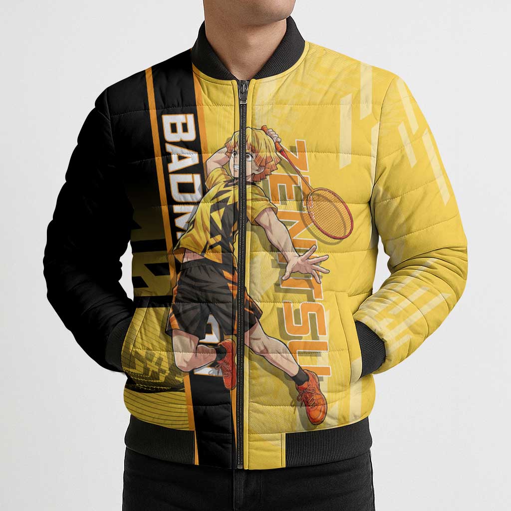 Personalized Zenitsu Agatsuki Demon Slayer Badminton Theme Bomber Puffer Jacket with Racket Action Pose and Yellow Black Graphic Design - The Mazicc
