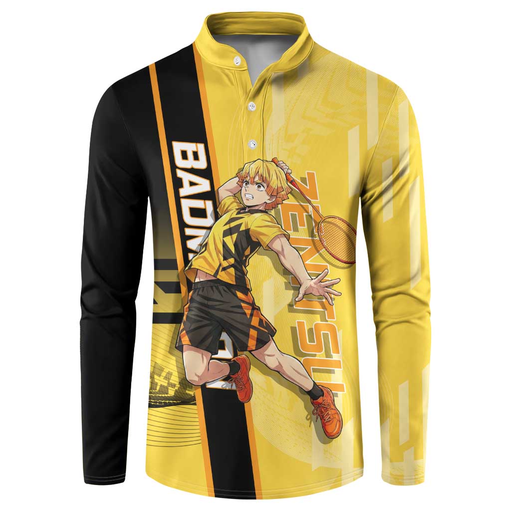 Personalized Zenitsu Agatsuki Demon Slayer Badminton Theme Button Sweatshirt with Racket Action Pose and Yellow Black Graphic Design - The Mazicc