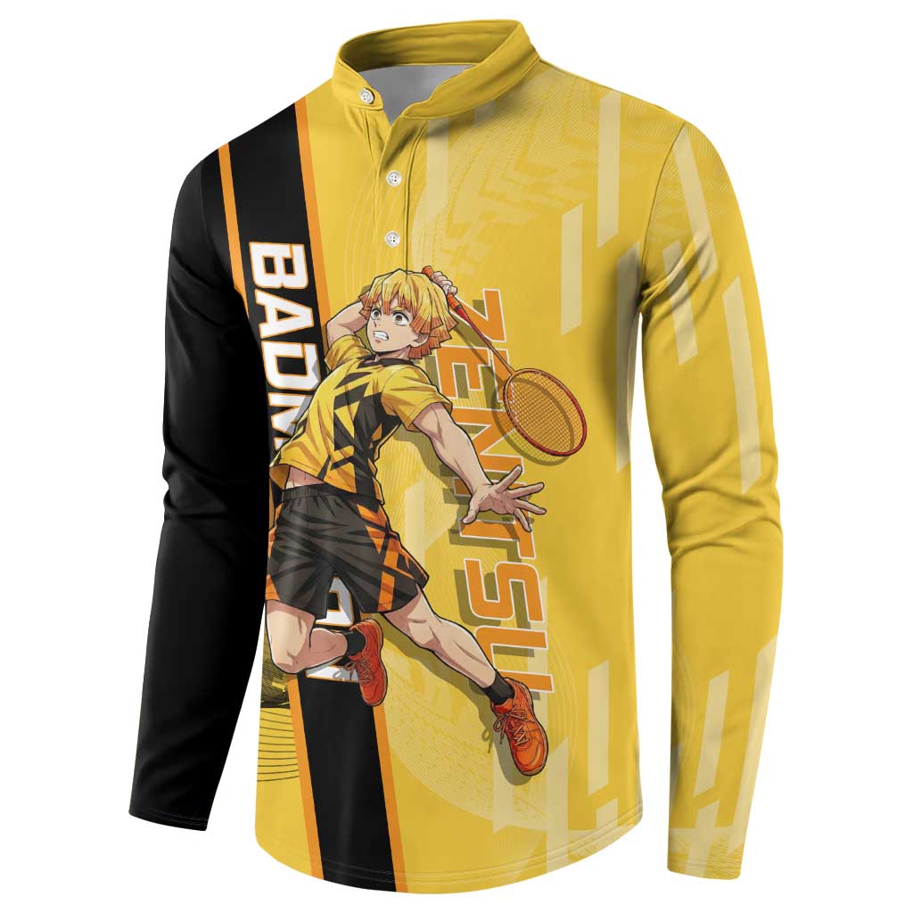 Personalized Zenitsu Agatsuki Demon Slayer Badminton Theme Button Sweatshirt with Racket Action Pose and Yellow Black Graphic Design - The Mazicc