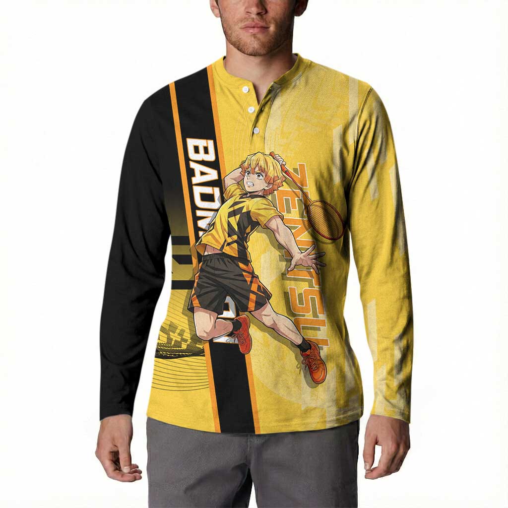 Personalized Zenitsu Agatsuki Demon Slayer Badminton Theme Button Sweatshirt with Racket Action Pose and Yellow Black Graphic Design - The Mazicc