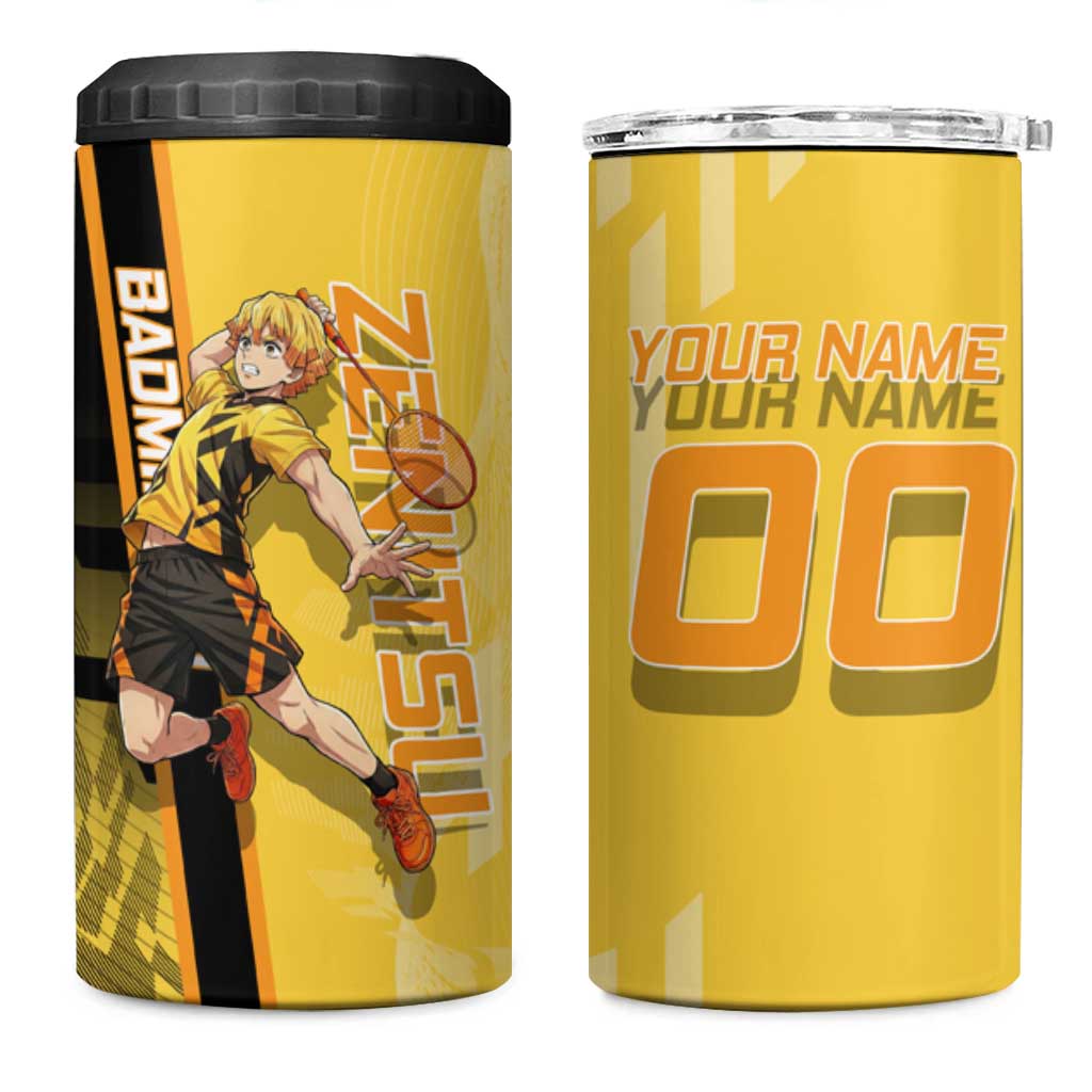 Personalized Zenitsu Agatsuki Demon Slayer Badminton Theme 4 in 1 Can Cooler Tumbler with Racket Action Pose and Yellow Black Graphic Design - The Mazicc
