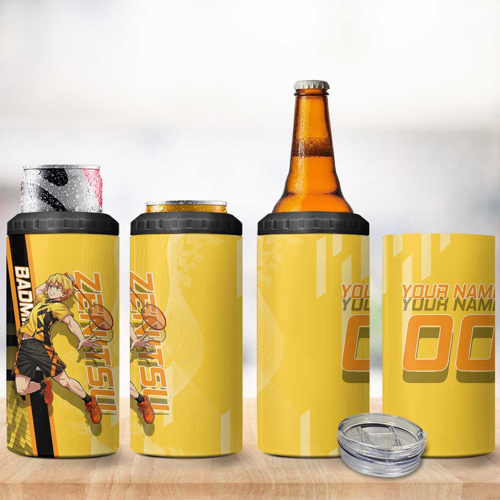 Personalized Zenitsu Agatsuki Demon Slayer Badminton Theme 4 in 1 Can Cooler Tumbler with Racket Action Pose and Yellow Black Graphic Design - The Mazicc