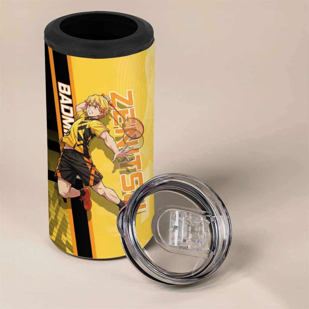 Personalized Zenitsu Agatsuki Demon Slayer Badminton Theme 4 in 1 Can Cooler Tumbler with Racket Action Pose and Yellow Black Graphic Design - The Mazicc