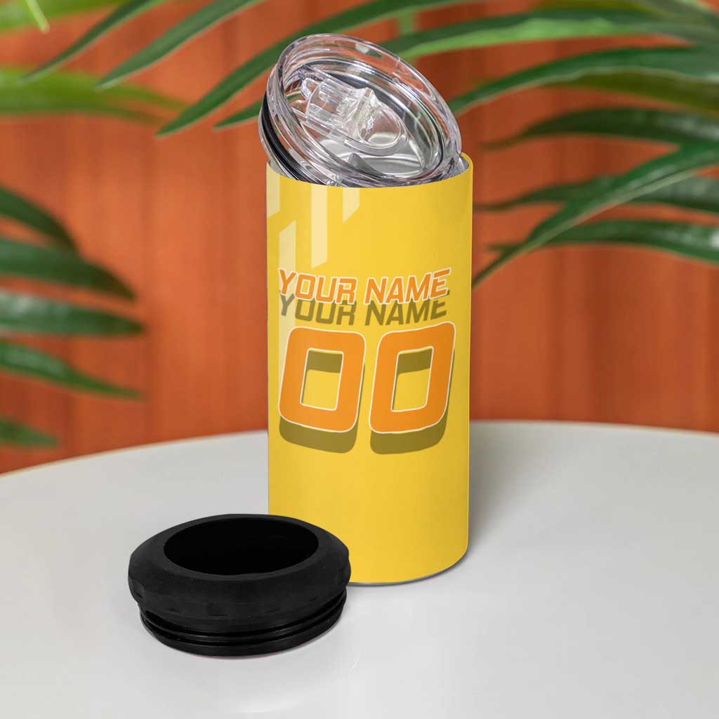 Personalized Zenitsu Agatsuki Demon Slayer Badminton Theme 4 in 1 Can Cooler Tumbler with Racket Action Pose and Yellow Black Graphic Design - The Mazicc