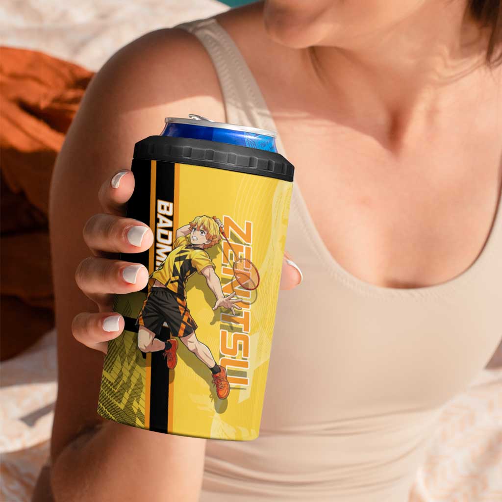 Personalized Zenitsu Agatsuki Demon Slayer Badminton Theme 4 in 1 Can Cooler Tumbler with Racket Action Pose and Yellow Black Graphic Design - The Mazicc