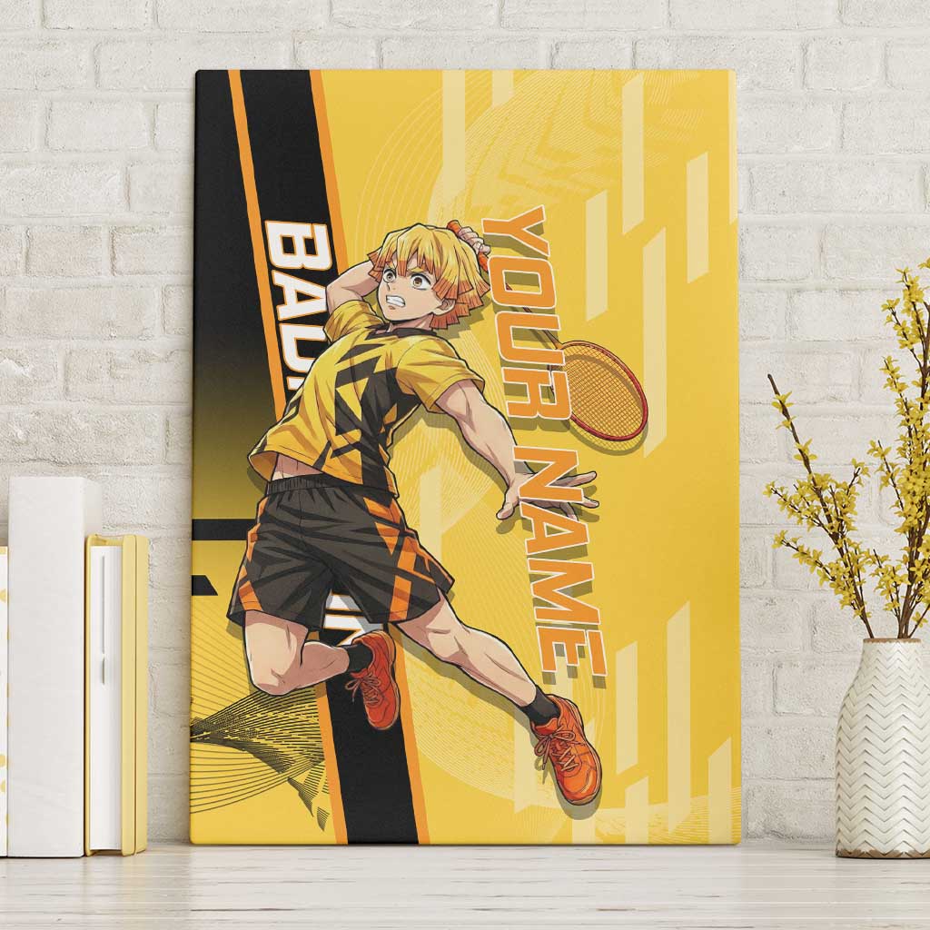 Personalized Zenitsu Agatsuki Demon Slayer Badminton Theme Canvas Wall Art with Racket Action Pose and Yellow Black Graphic Design - The Mazicc