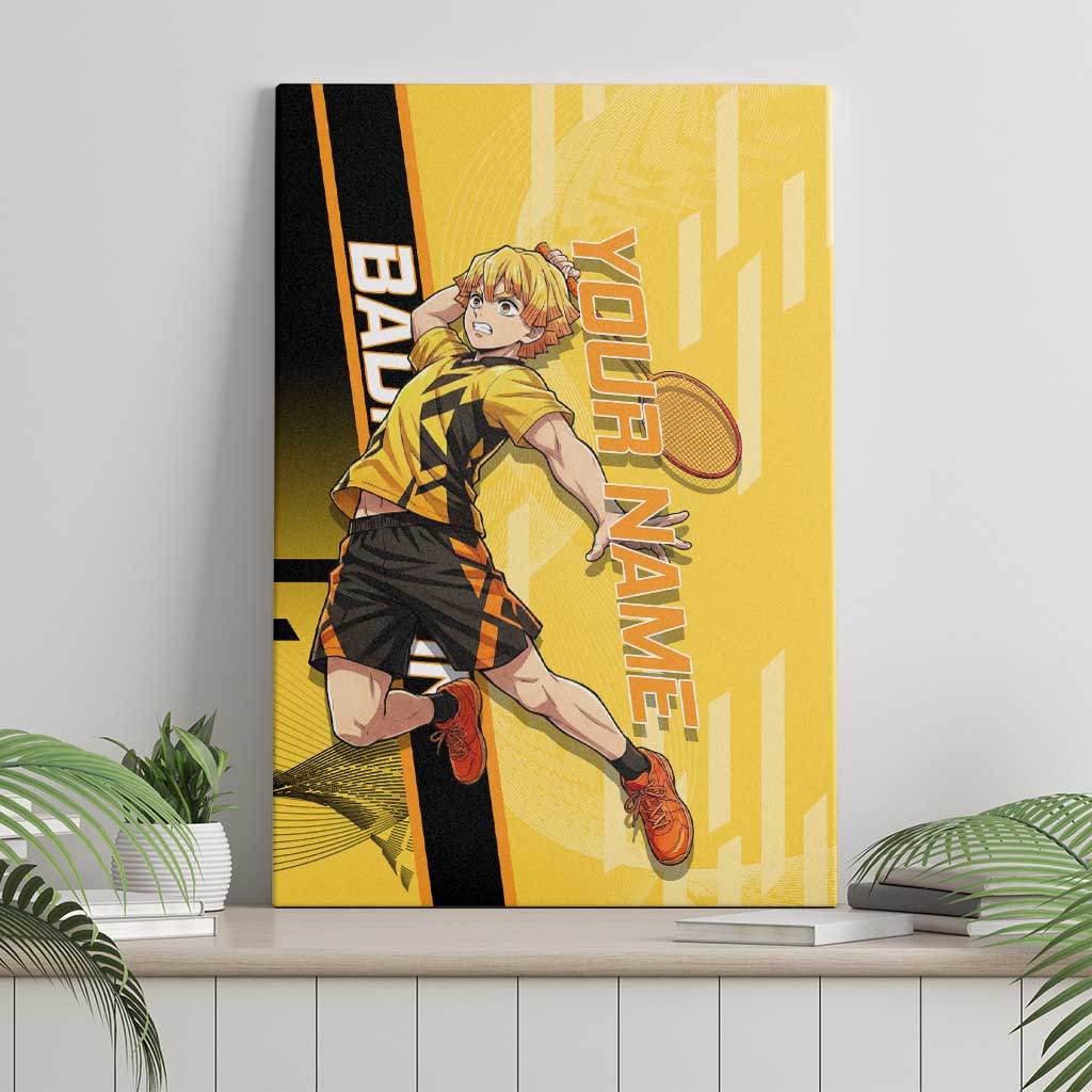 Personalized Zenitsu Agatsuki Demon Slayer Badminton Theme Canvas Wall Art with Racket Action Pose and Yellow Black Graphic Design - The Mazicc