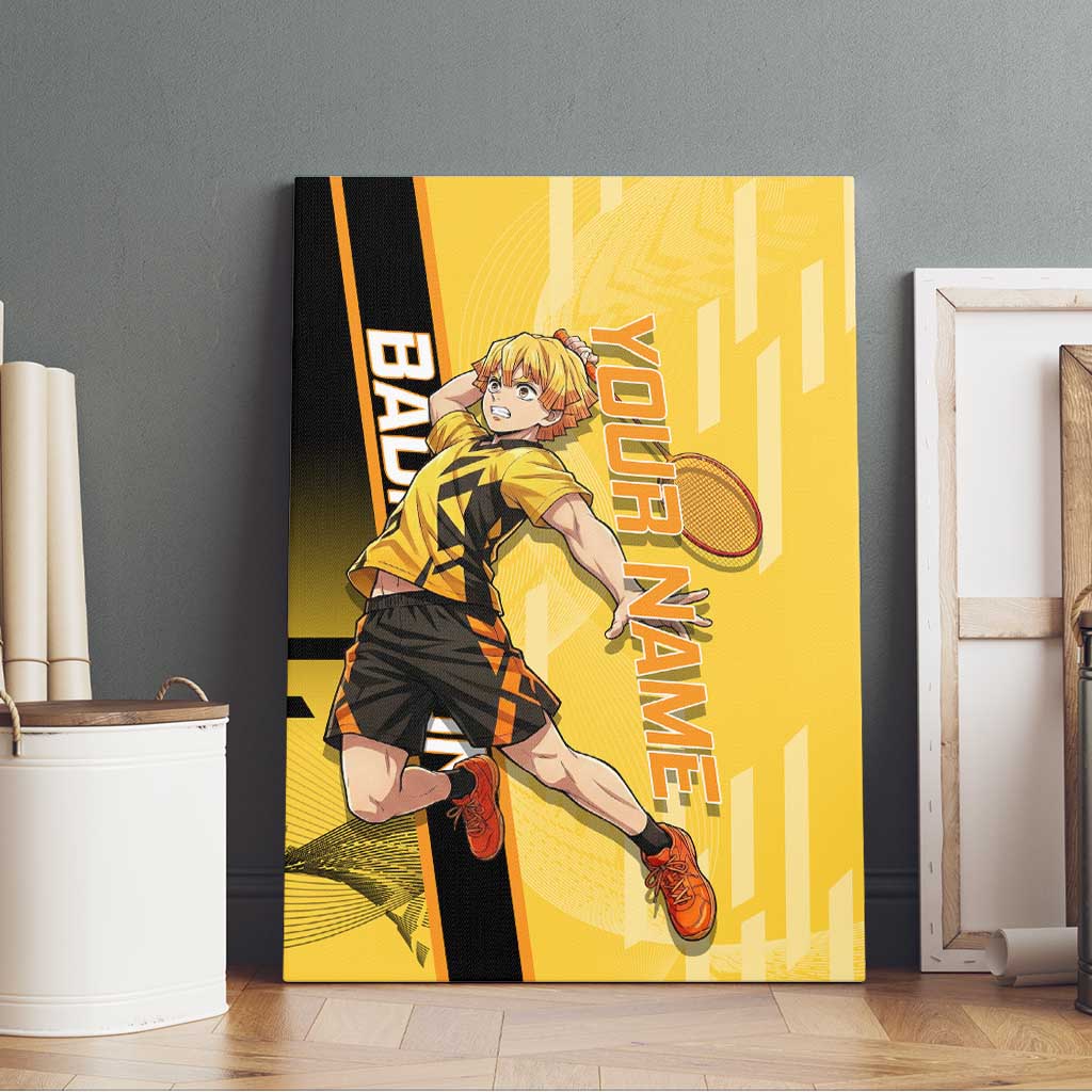 Personalized Zenitsu Agatsuki Demon Slayer Badminton Theme Canvas Wall Art with Racket Action Pose and Yellow Black Graphic Design - The Mazicc