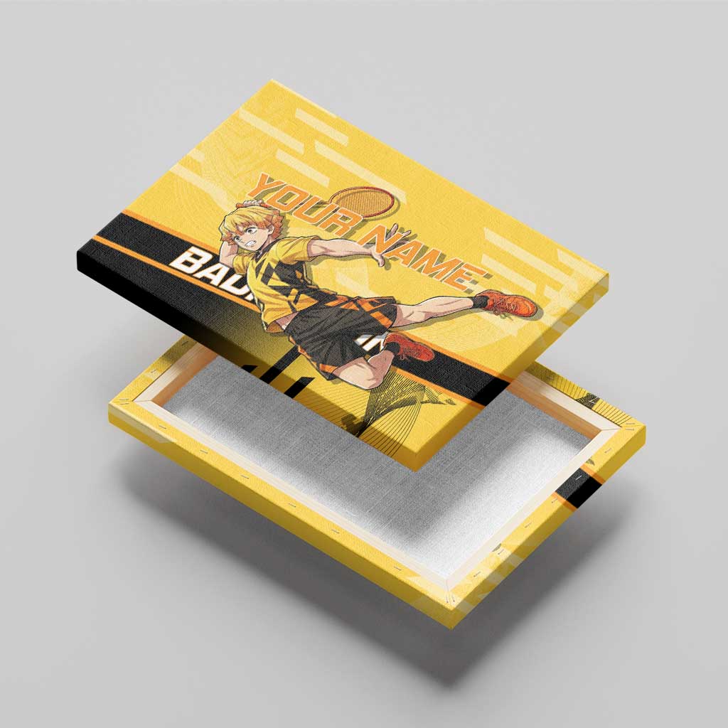 Personalized Zenitsu Agatsuki Demon Slayer Badminton Theme Canvas Wall Art with Racket Action Pose and Yellow Black Graphic Design - The Mazicc