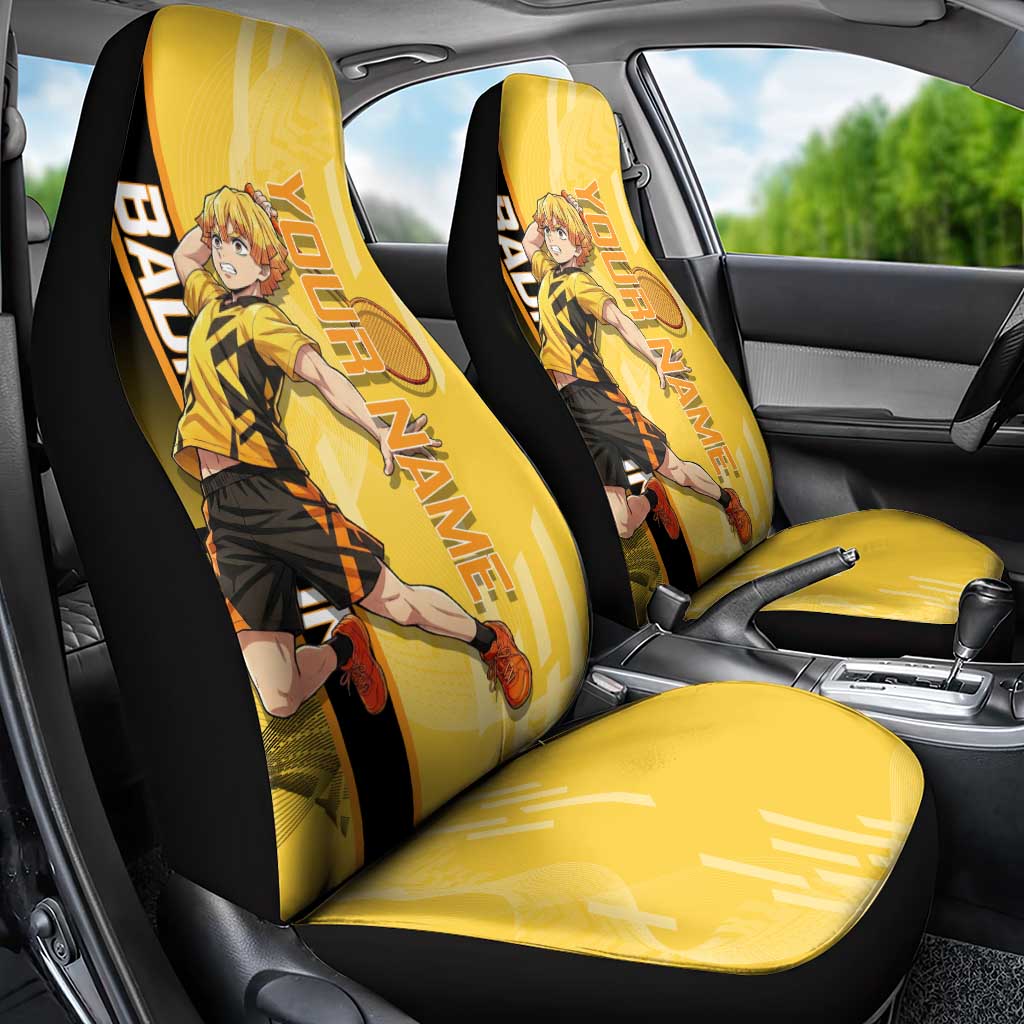 Personalized Zenitsu Agatsuki Demon Slayer Badminton Theme Car Seat Cover with Racket Action Pose and Yellow Black Graphic Design - The Mazicc