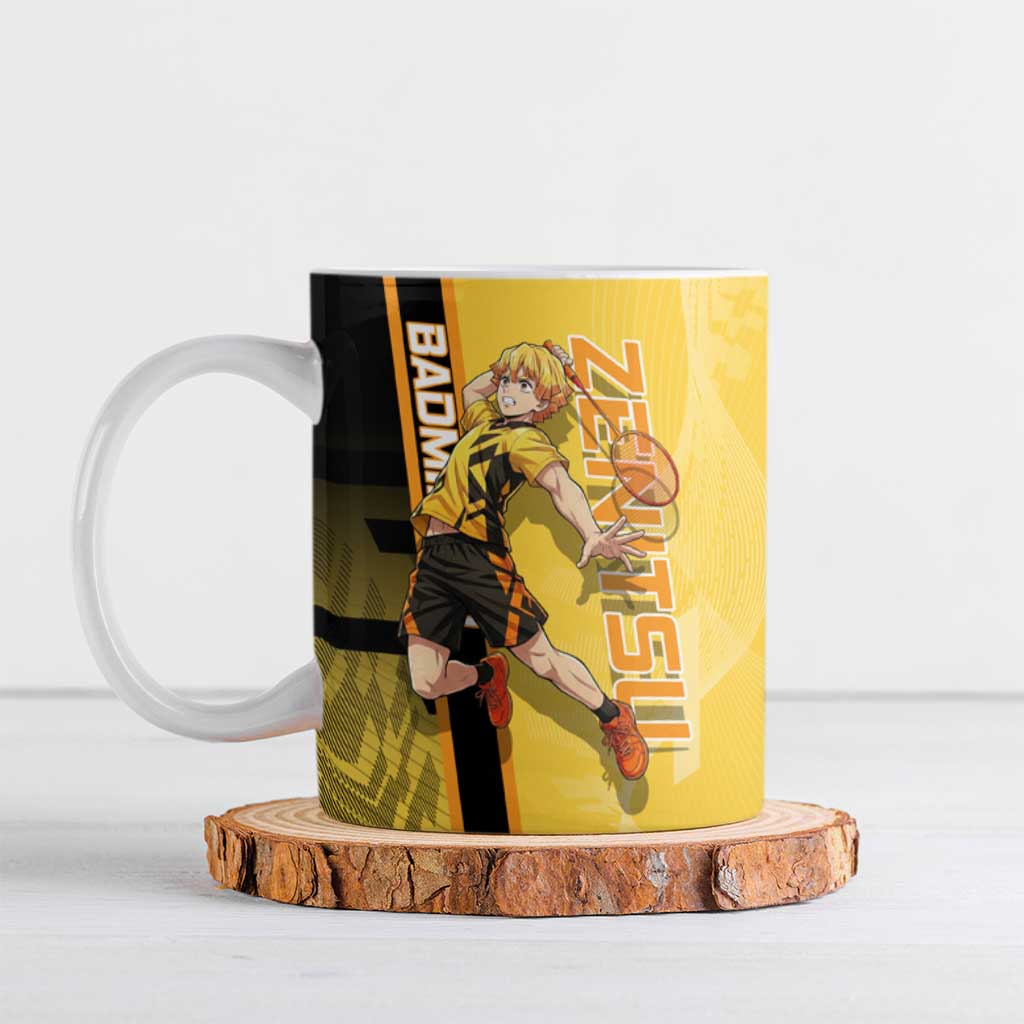 Personalized Zenitsu Agatsuki Demon Slayer Badminton Theme Ceramic Mug with Racket Action Pose and Yellow Black Graphic Design - The Mazicc