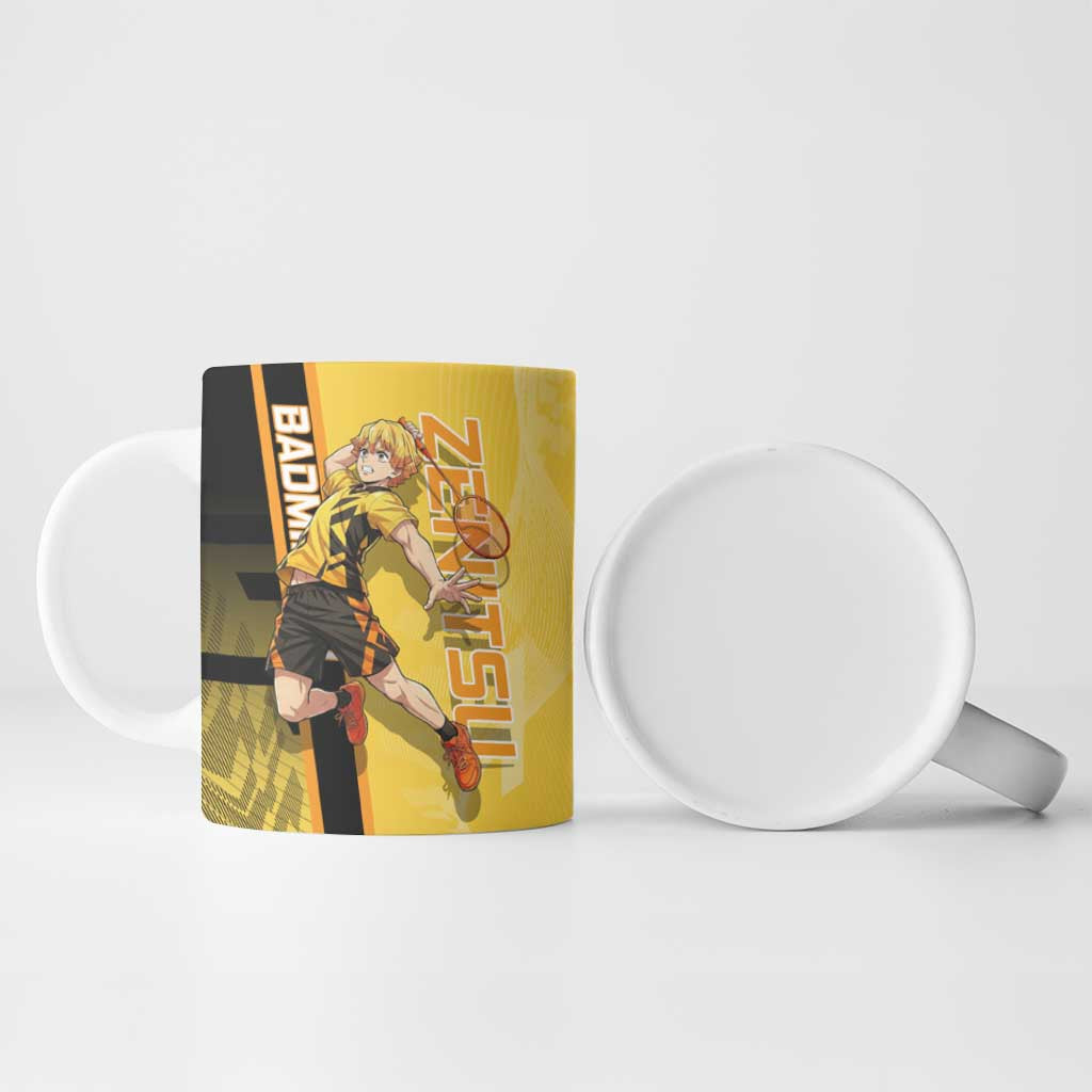 Personalized Zenitsu Agatsuki Demon Slayer Badminton Theme Ceramic Mug with Racket Action Pose and Yellow Black Graphic Design - The Mazicc