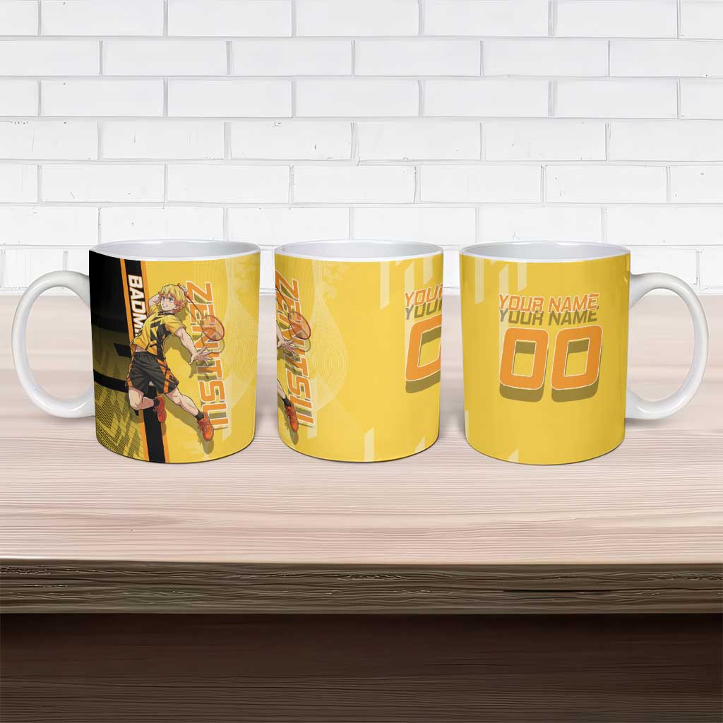 Personalized Zenitsu Agatsuki Demon Slayer Badminton Theme Ceramic Mug with Racket Action Pose and Yellow Black Graphic Design - The Mazicc