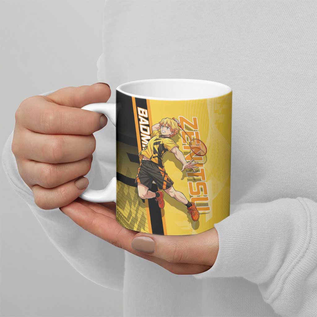 Personalized Zenitsu Agatsuki Demon Slayer Badminton Theme Ceramic Mug with Racket Action Pose and Yellow Black Graphic Design - The Mazicc
