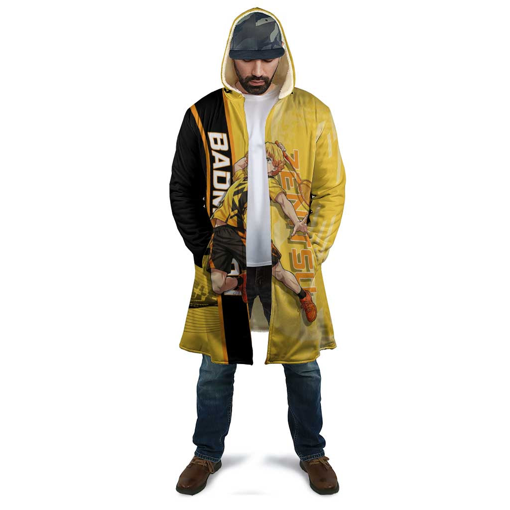 Personalized Zenitsu Agatsuki Demon Slayer Badminton Theme Cloak with Racket Action Pose and Yellow Black Graphic Design - The Mazicc