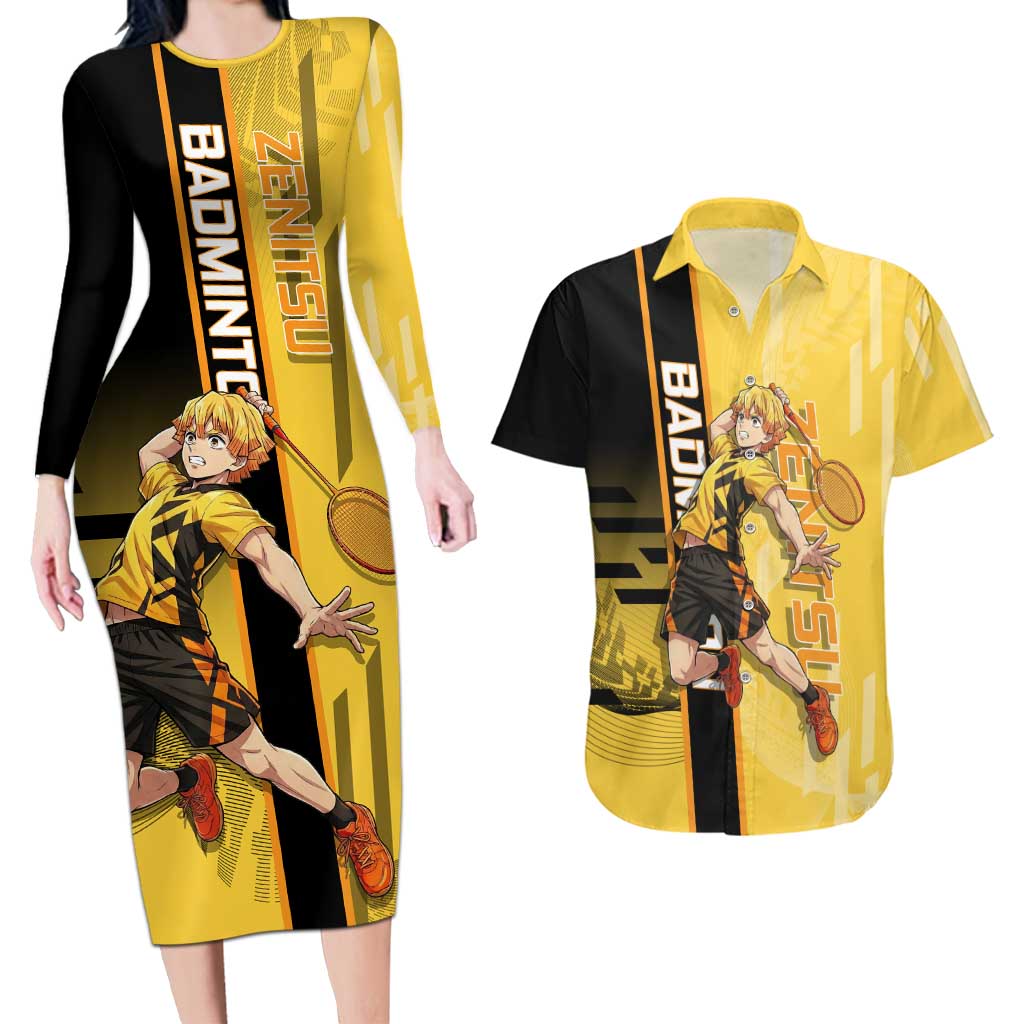 Personalized Zenitsu Agatsuki Demon Slayer Badminton Theme Couples Matching Long Sleeve Bodycon Dress and Hawaiian Shirt with Racket Action Pose and Yellow Black Graphic Design - The Mazicc