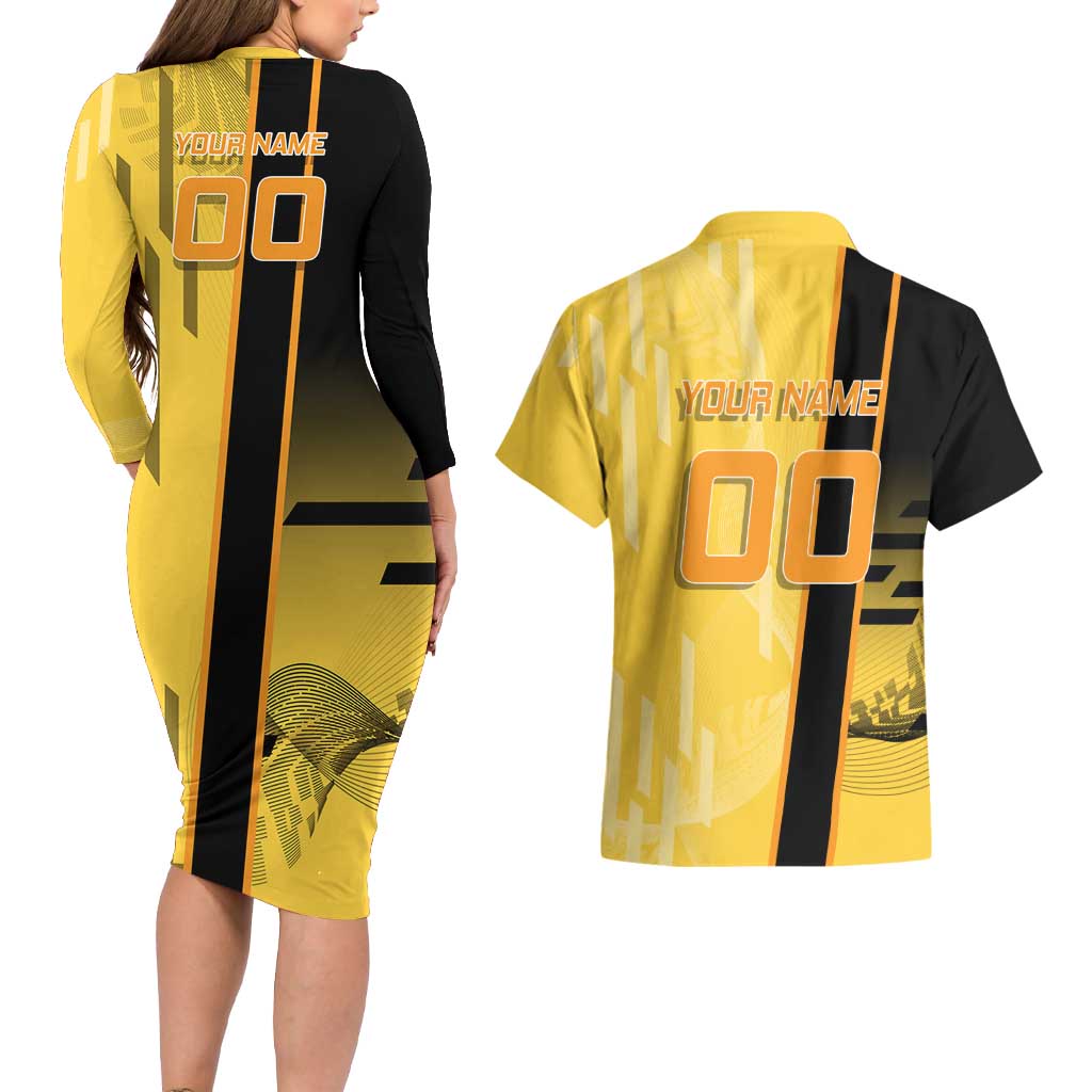 Personalized Zenitsu Agatsuki Demon Slayer Badminton Theme Couples Matching Long Sleeve Bodycon Dress and Hawaiian Shirt with Racket Action Pose and Yellow Black Graphic Design - The Mazicc