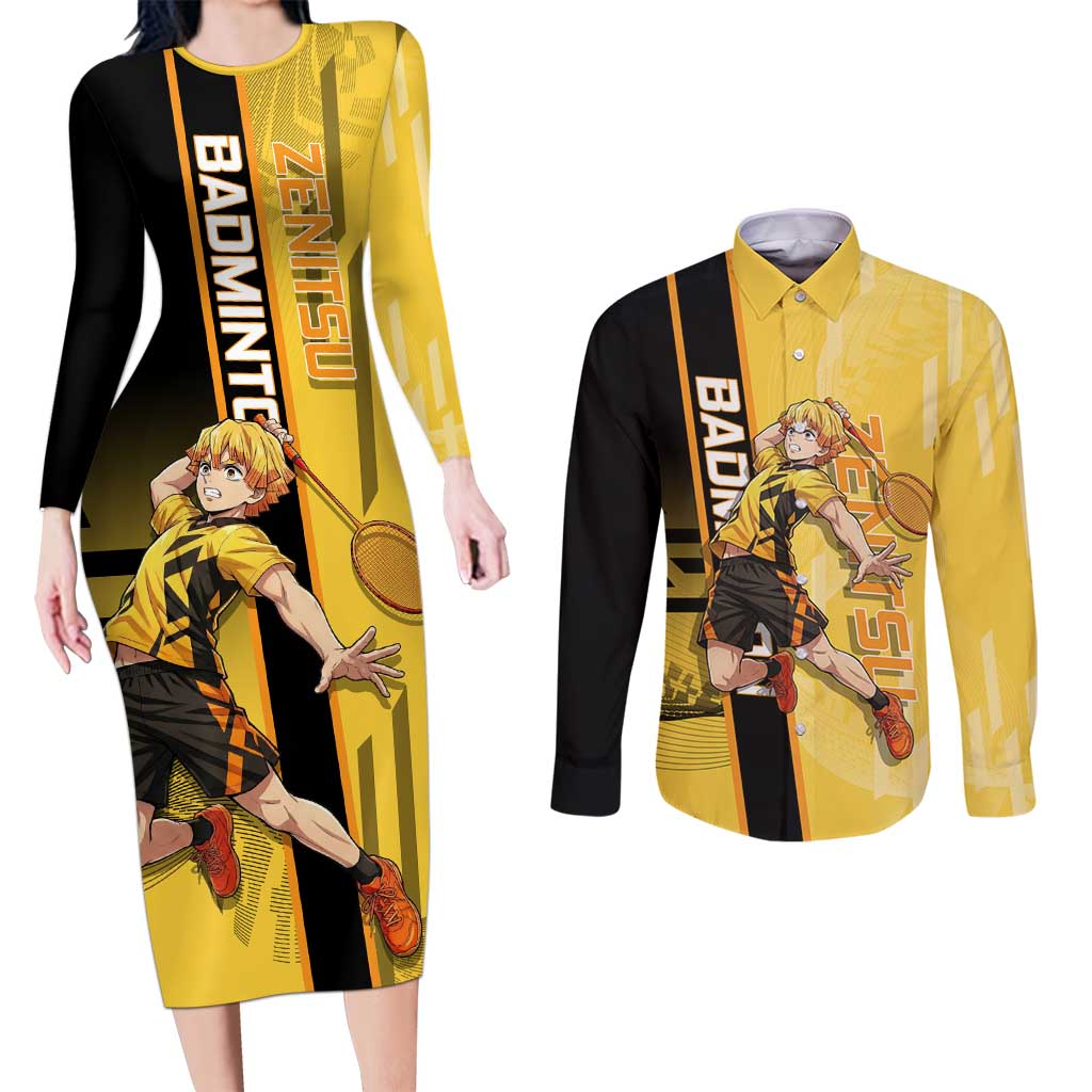 Personalized Zenitsu Agatsuki Demon Slayer Badminton Theme Couples Matching Long Sleeve Bodycon Dress and Long Sleeve Button Shirt with Racket Action Pose and Yellow Black Graphic Design - The Mazicc