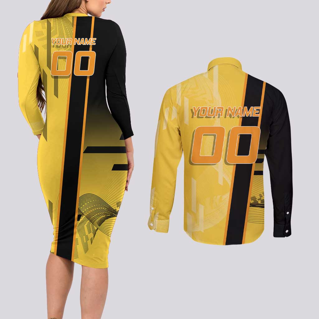 Personalized Zenitsu Agatsuki Demon Slayer Badminton Theme Couples Matching Long Sleeve Bodycon Dress and Long Sleeve Button Shirt with Racket Action Pose and Yellow Black Graphic Design - The Mazicc