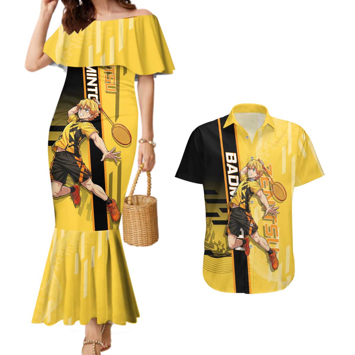 Personalized Zenitsu Agatsuki Demon Slayer Badminton Theme Couples Matching Mermaid Dress and Hawaiian Shirt with Racket Action Pose and Yellow Black Graphic Design - The Mazicc