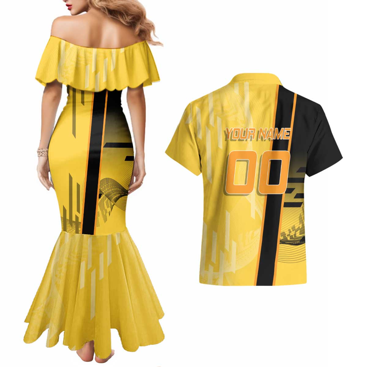 Personalized Zenitsu Agatsuki Demon Slayer Badminton Theme Couples Matching Mermaid Dress and Hawaiian Shirt with Racket Action Pose and Yellow Black Graphic Design - The Mazicc