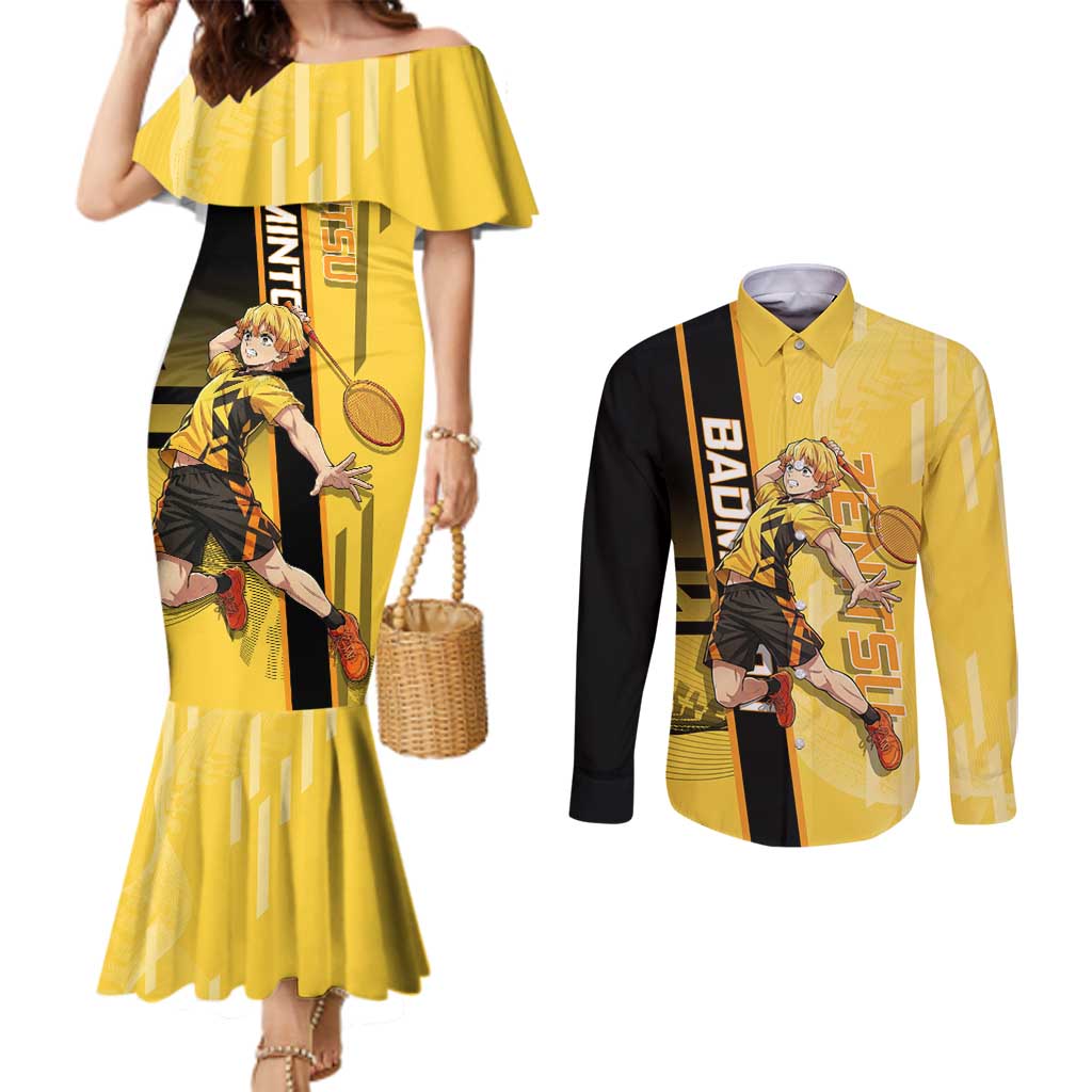 Personalized Zenitsu Agatsuki Demon Slayer Badminton Theme Couples Matching Mermaid Dress and Long Sleeve Button Shirt with Racket Action Pose and Yellow Black Graphic Design - The Mazicc
