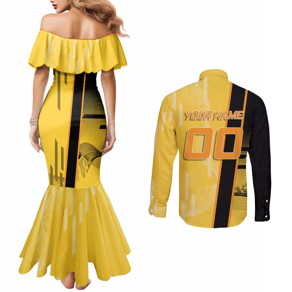 Personalized Zenitsu Agatsuki Demon Slayer Badminton Theme Couples Matching Mermaid Dress and Long Sleeve Button Shirt with Racket Action Pose and Yellow Black Graphic Design - The Mazicc