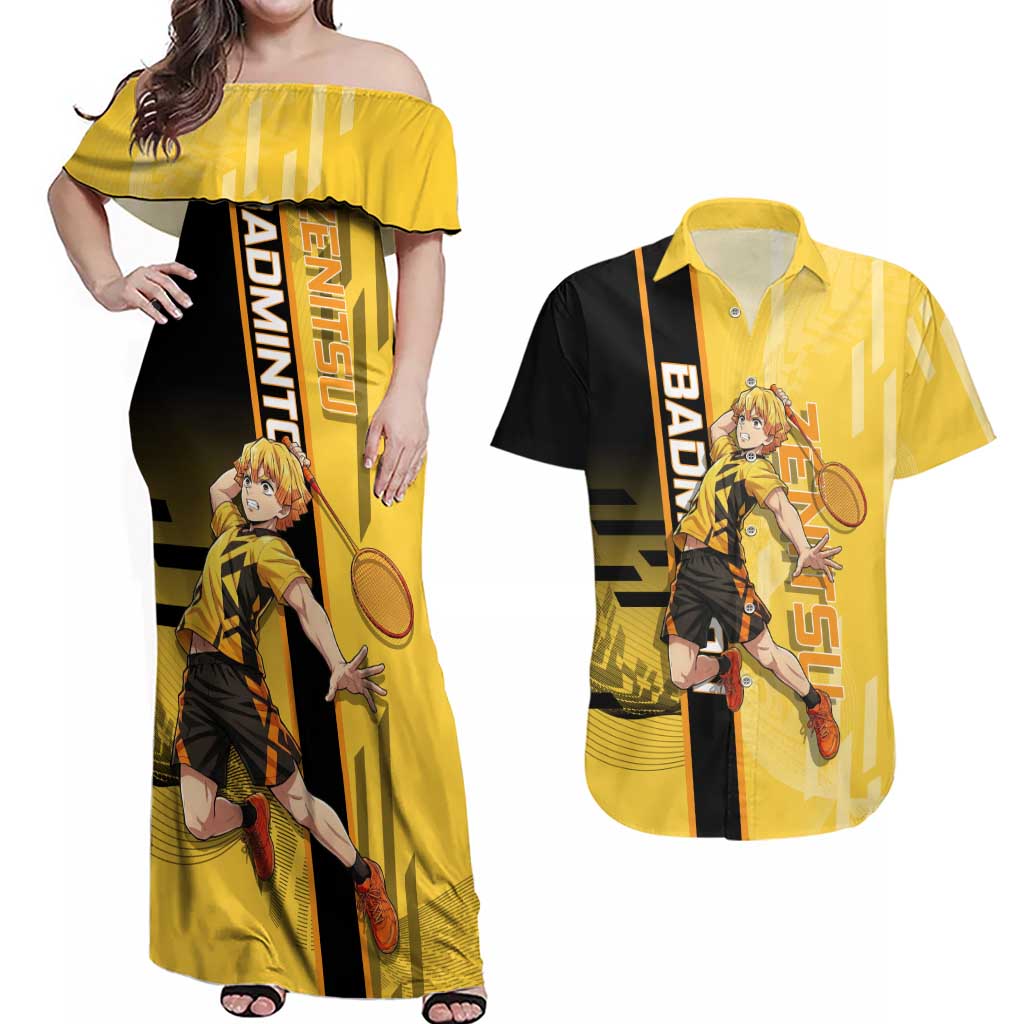 Personalized Zenitsu Agatsuki Demon Slayer Badminton Theme Couples Matching Off Shoulder Maxi Dress and Hawaiian Shirt with Racket Action Pose and Yellow Black Graphic Design - The Mazicc